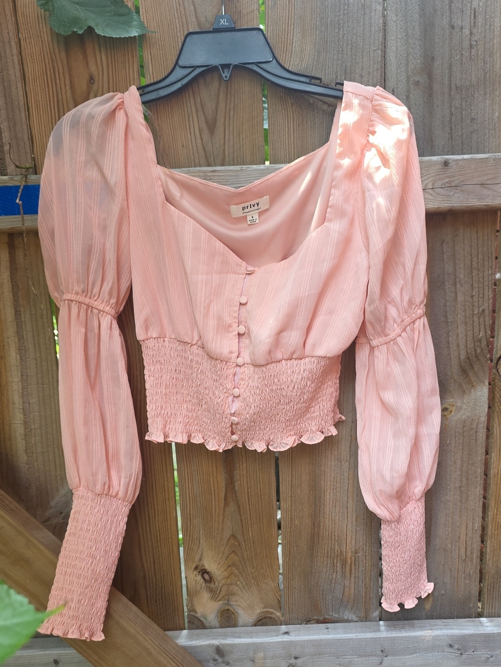 privy Blush Pink Puff-Sleeve Smocked Crop Blouse